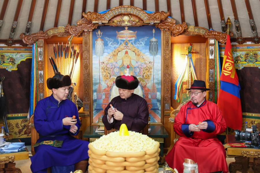 乌·呼日勒苏赫总统向九尾白纛旗致敬
